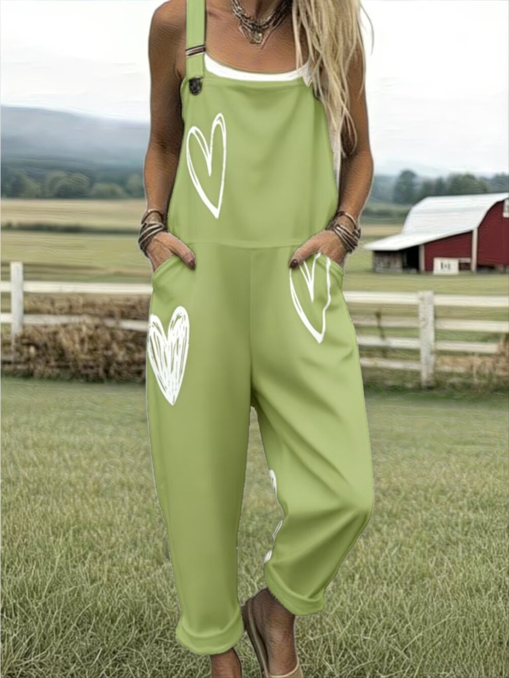 Women's Green Summer Overalls with white heart print